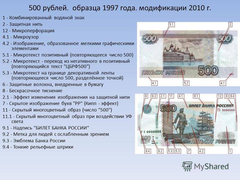 Основные признаки оригинальной купюры номиналом 500 рублей