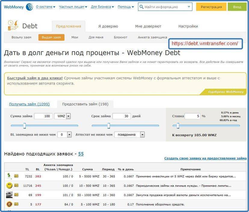 Webmoney.ru / для частных лиц / долговой сервис / дать в долг
